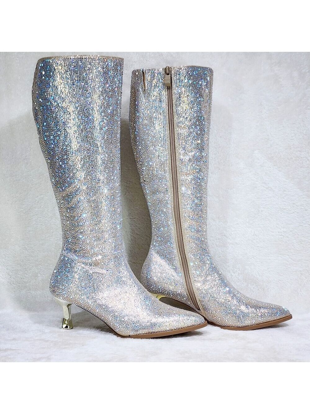 NIB Kitty Champagne Gold Rhinestone Knee Boots 2.5" Kitten Heels Wide Calf Frie